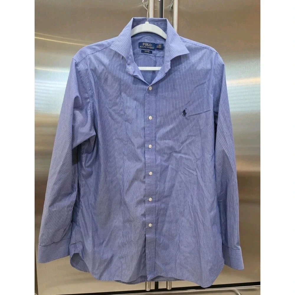 Polo Ralph Lauren Blue Stripe Shirt Classic Preppy Old Money SZ 16 34/35 Coastal